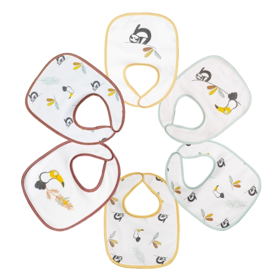 Set mit 6 weißen Lätzchen mit kleinen bunten Tieren