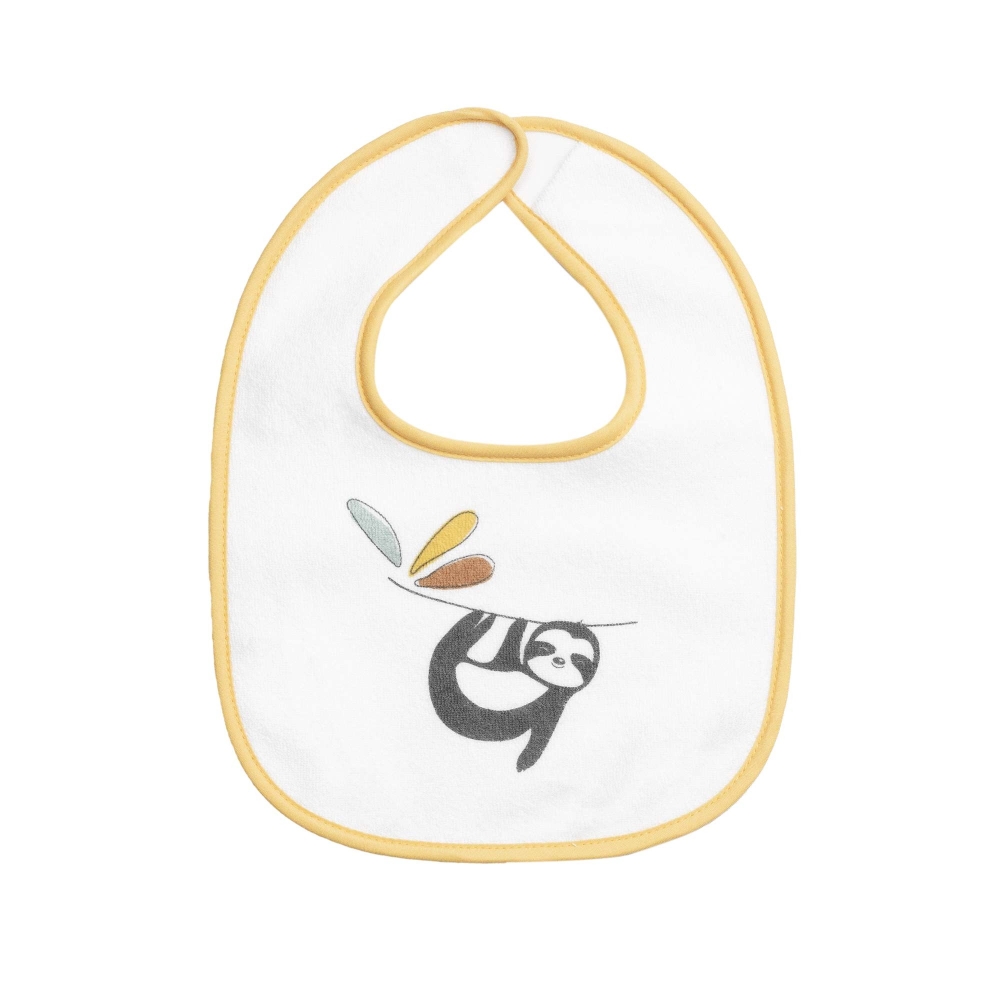 White and mustard bib with the sloth on a branch White and mustard bib with the sloth on a branch