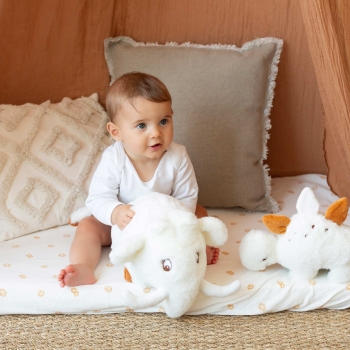Bebé a brincar com o seu peluche musical na sua área de brincar Bebé a brincar com o seu peluche musical na sua área de brincar