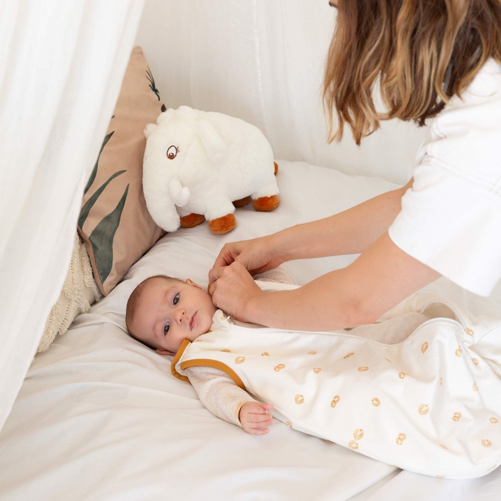 Mãe veste ao bebé o saco de dormir para recém-nascidos
