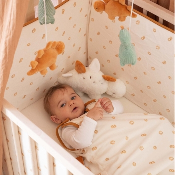 Baby in zijn slaapzak die speelt in zijn bedje Baby in zijn slaapzak die speelt in zijn bedje