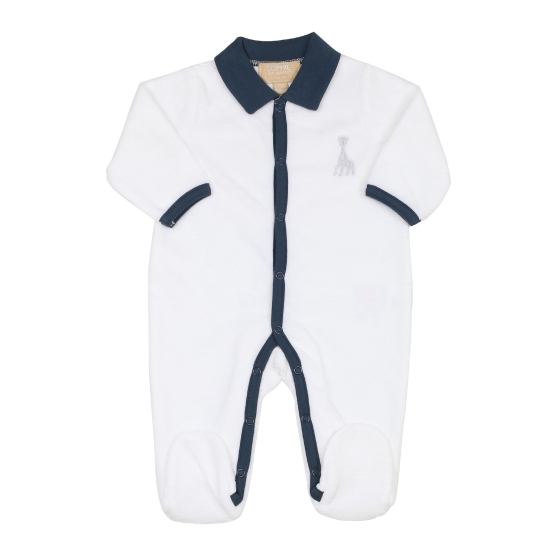 Pijama de bebé em Y azul-marinho com gola polo — veludo com malha de pontos caídos — ©Sophie la girafe