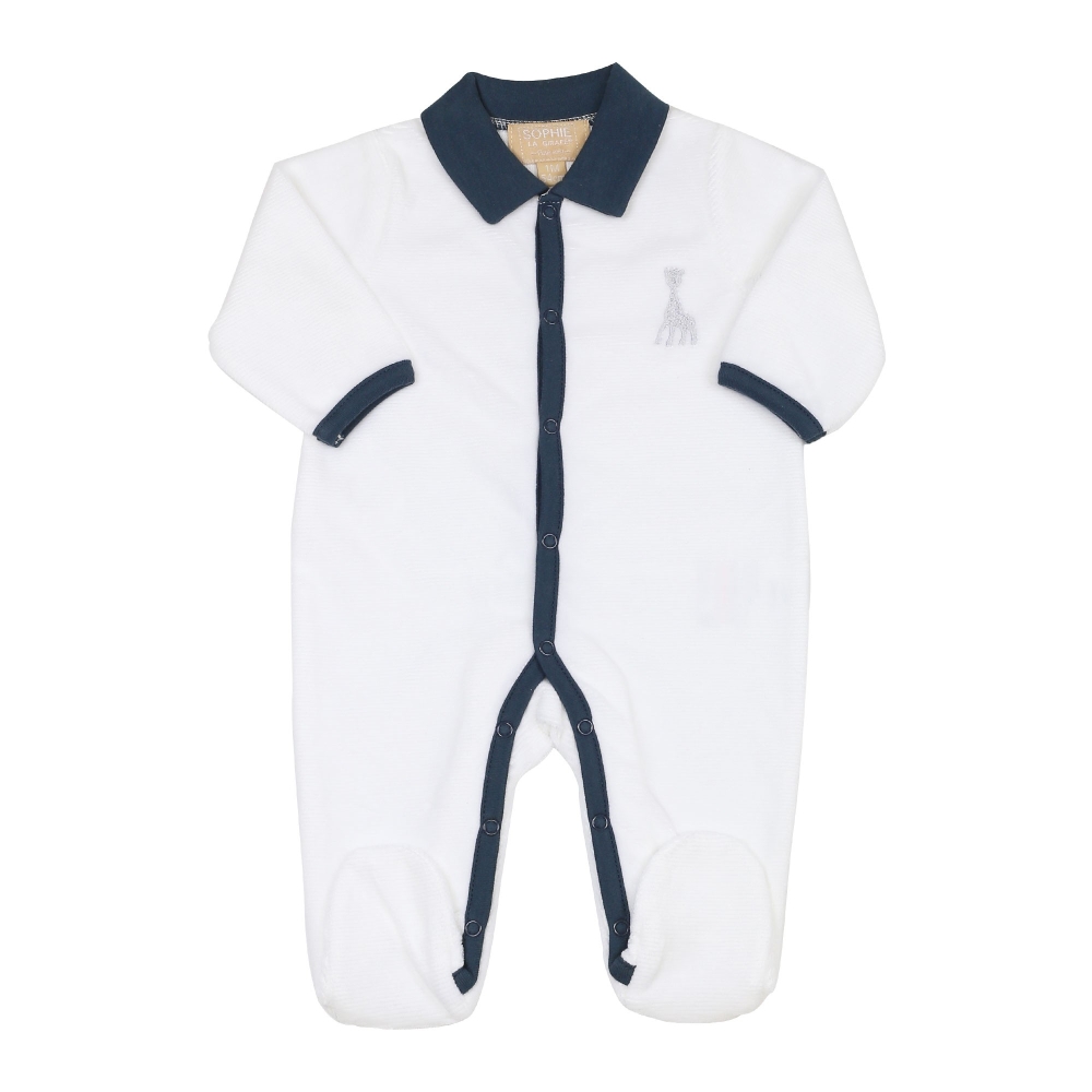 Pijama de bebé em Y azul-marinho com gola polo — veludo com malha de pontos caídos — ©Sophie la girafe