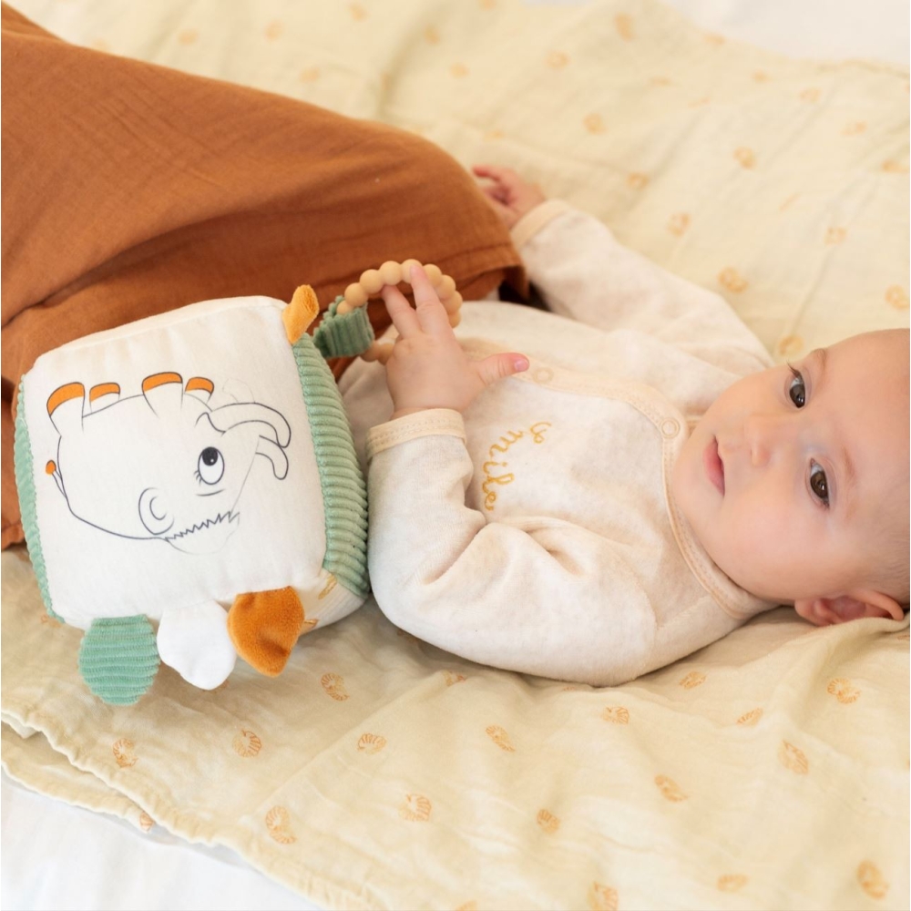 Bambino che gioca con il suo cubo sensoriale