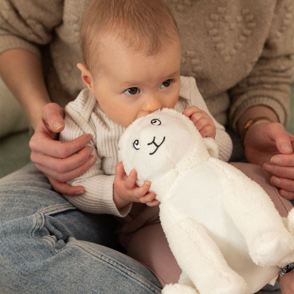 baby die op het oor van de muzikale schapenknuffel kauwt baby die op het oor van de muzikale schapenknuffel kauwt