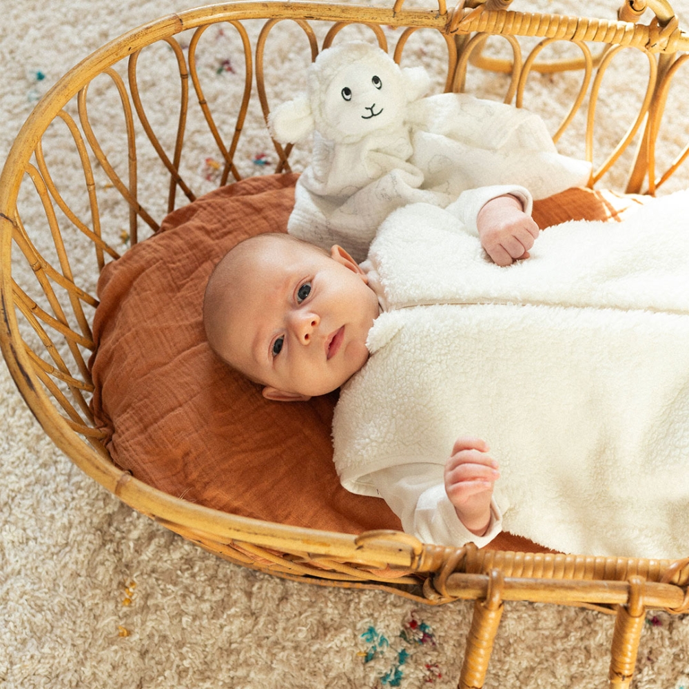 bebé en su saco de dormir sherpa con su doudou
