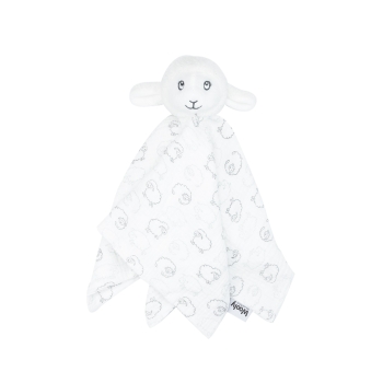 White sheep plush toy from the Wooly collection with an all-over sheep pattern.