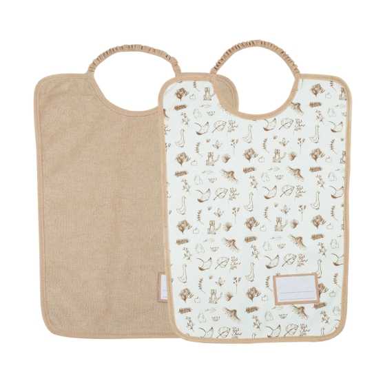 Conjunto de 2 babetes para o infantário, um bege e outro com padrões bege
