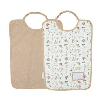 Conjunto de 2 babetes para o infantário, um bege e outro com padrões bege Conjunto de 2 babetes para o infantário, um bege e outro com padrões bege
