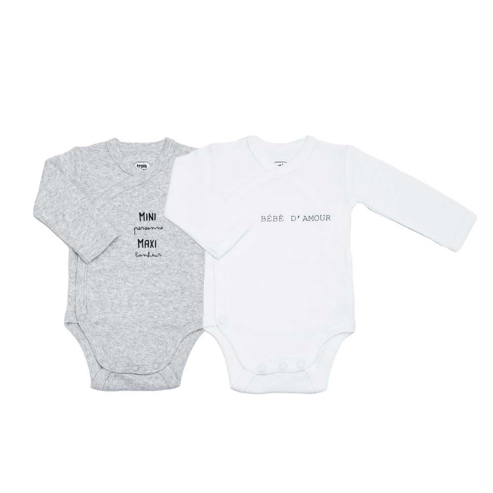 Set of 2 gray and white baby bodysuits mini, maxi