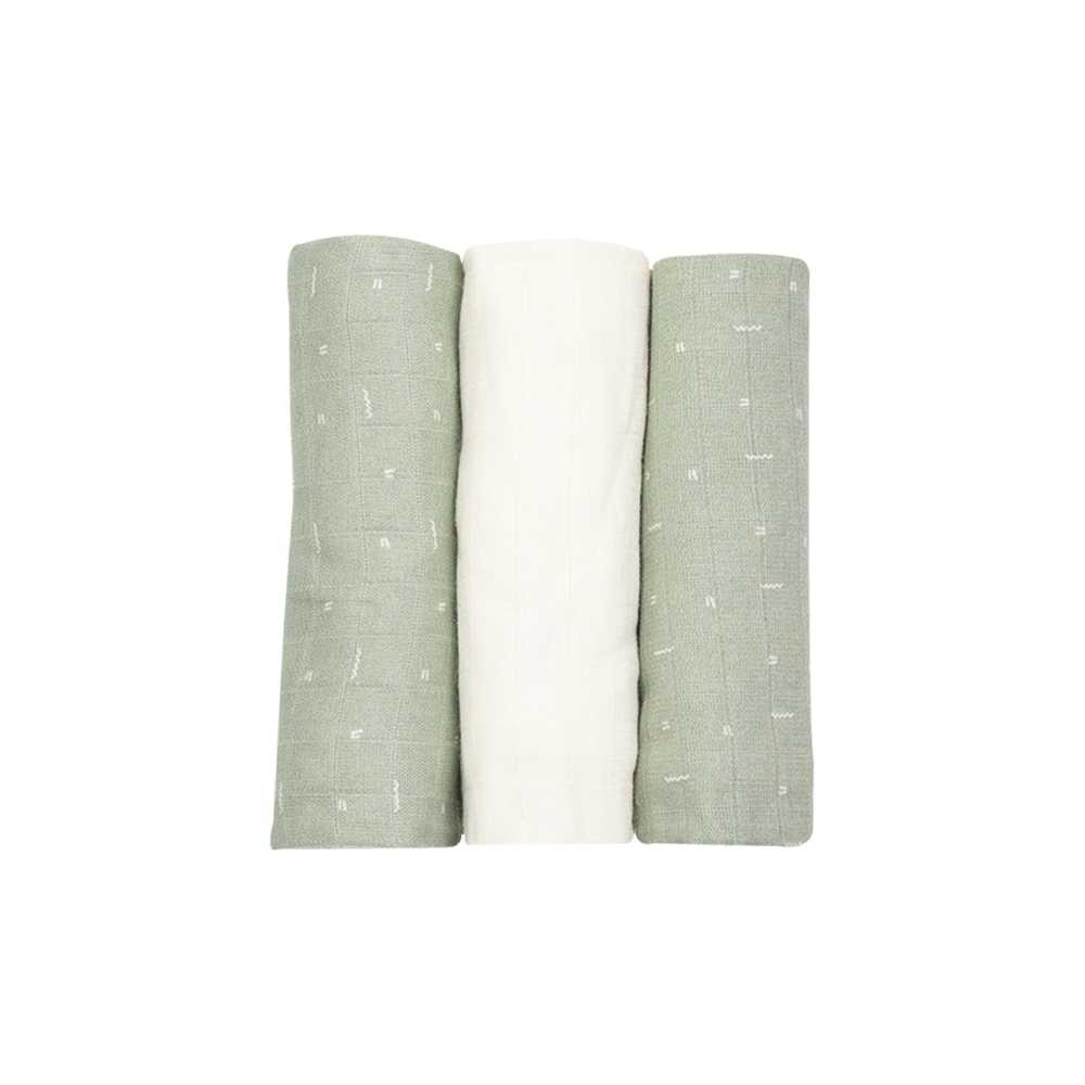 Conjunto de 3 fraldas de pano para bebé de 70x70 cm, em branco e verde-azeitona Conjunto de 3 fraldas de pano para bebé de 70x70 cm, em branco e verde-azeitona