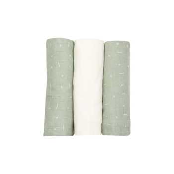 Conjunto de 3 fraldas de pano para bebé de 70x70 cm, em branco e verde-azeitona Conjunto de 3 fraldas de pano para bebé de 70x70 cm, em branco e verde-azeitona