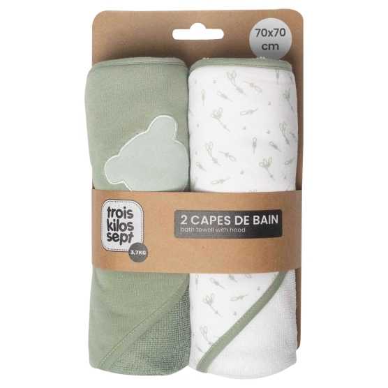 Conjunto de 2 toalhas de banho com capuz para bebé, verde-azeitona e branca