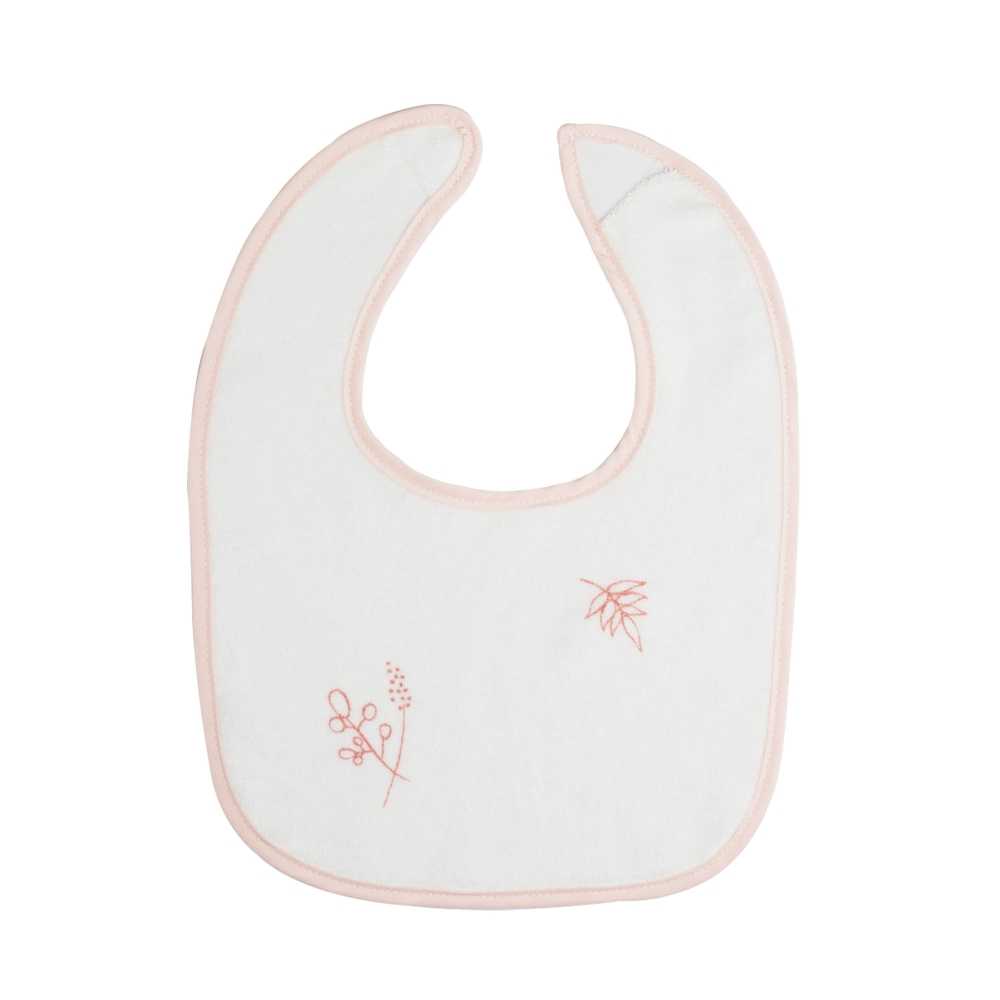 babete branco para bebé dos primeiros meses com flores cor-de-rosa