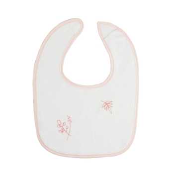 babete branco para bebé dos primeiros meses com flores cor-de-rosa
