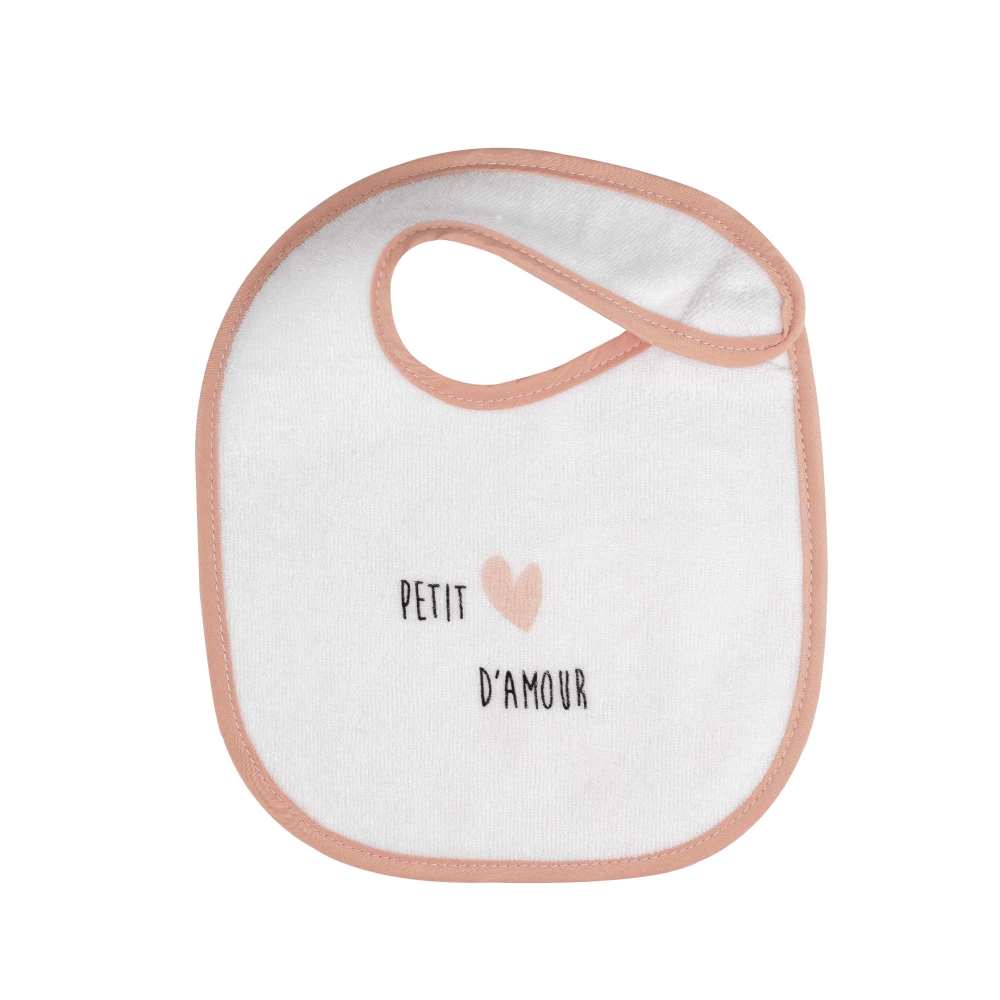 white baby bib with phrase and heart white baby bib with phrase and heart