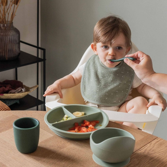Set mit 6 Babylätzchen in Beige und Grün mit Savannen-Motiven