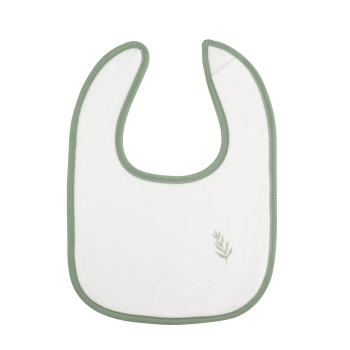 beige bib with green contrast
