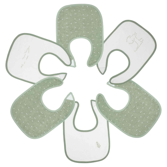 Set of 6 beige and green baby bibs with safari patterns