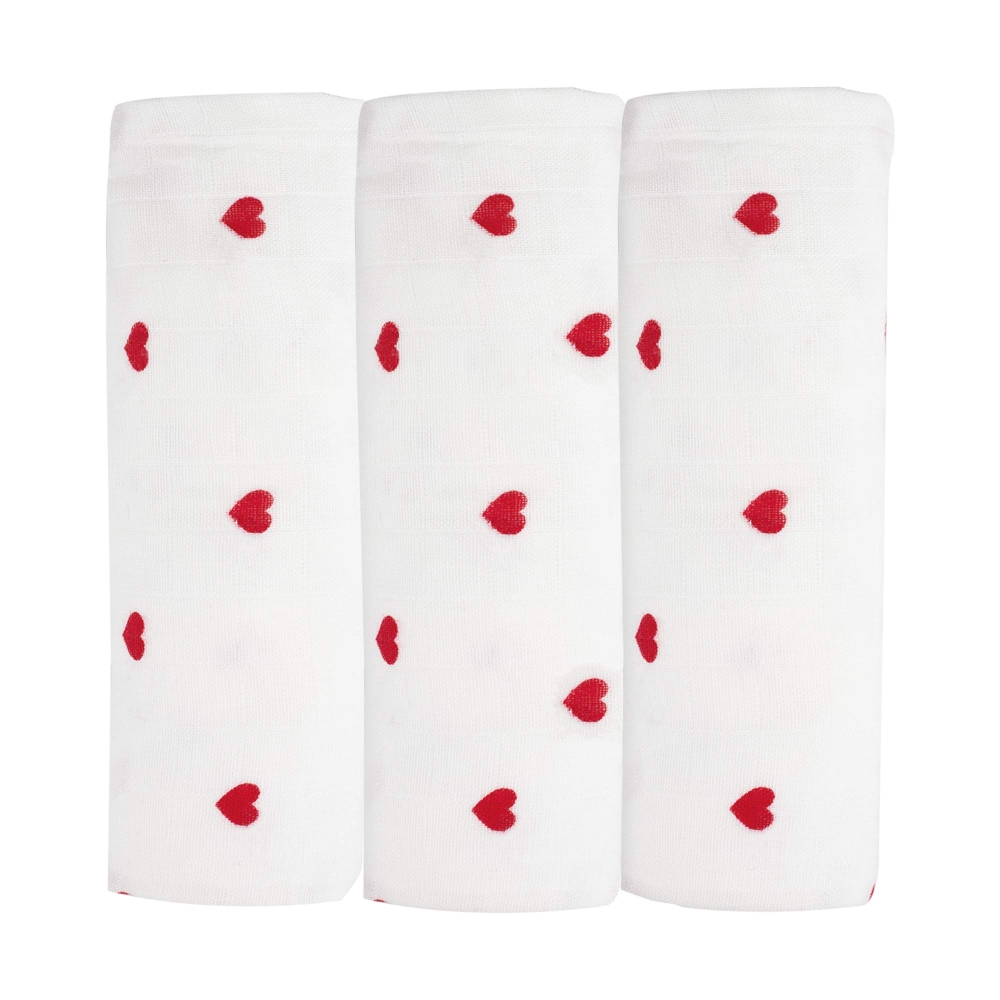 Set di 3 pannolini bianchi con cuori rossi