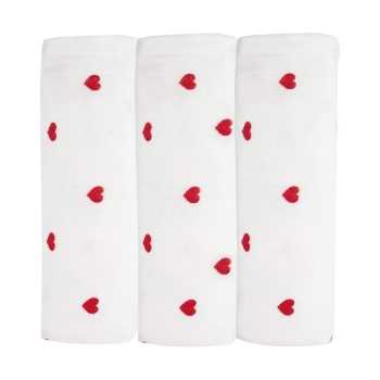 Conjunto de 3 fraldas de pano para bebé com fundo branco e corações vermelhos Conjunto de 3 fraldas de pano para bebé com fundo branco e corações vermelhos