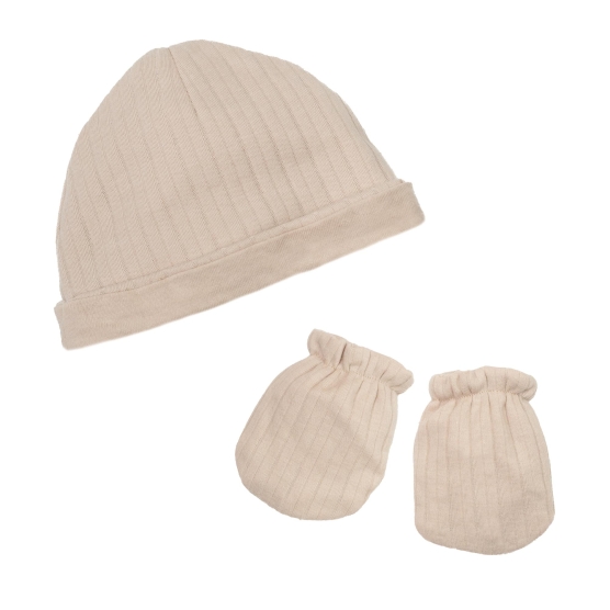 Conjunto gorro y manoplas recién nacido beige