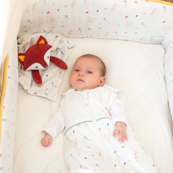 Bébé dans son lit en gigoteuse avec son doudou renard