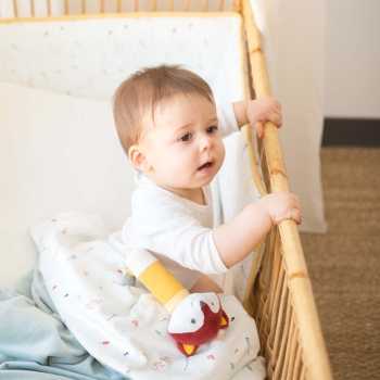 Bebé na cama com a sua manta e a sua roca em forma de raposa