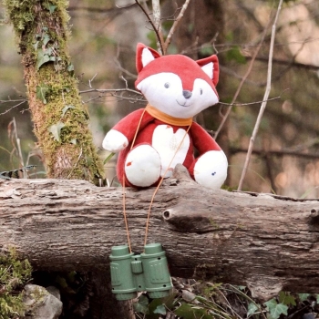 Muzikale knuffel vos zittend op een boomstam in het bos Muzikale knuffel vos zittend op een boomstam in het bos