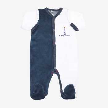pijama de bebé azul-marinho e azul decorado com um farol