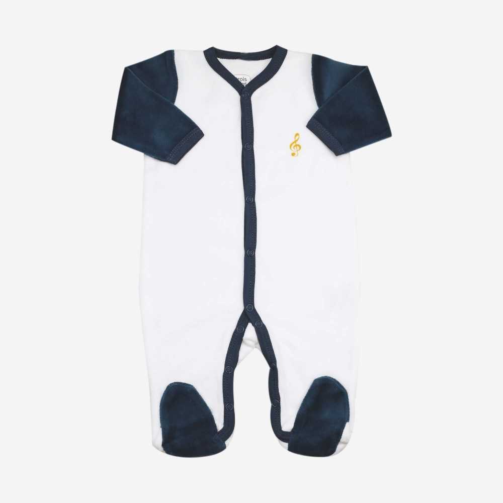 Pijama de bebé branco e azul-marinho bordado com uma nota musical Pijama de bebé branco e azul-marinho bordado com uma nota musical