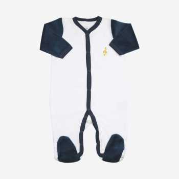 Pijama de bebé branco e azul-marinho bordado com uma nota musical Pijama de bebé branco e azul-marinho bordado com uma nota musical