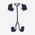 White and navy blue baby pajamas embroidered with a musical note