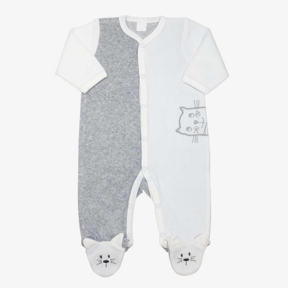 Pijama de bebé branco e cinzento com um gato bordado Pijama de bebé branco e cinzento com um gato bordado