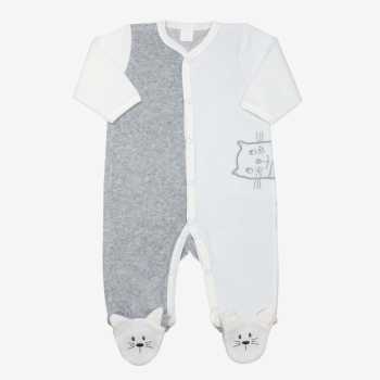 Pijama de bebé branco e cinzento com um gato bordado Pijama de bebé branco e cinzento com um gato bordado