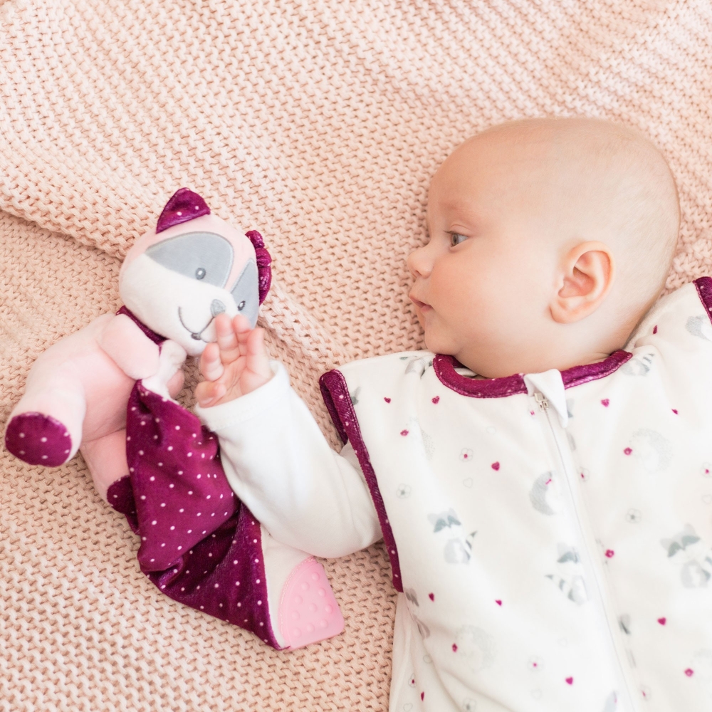 pasgeboren baby liggend met zijn knuffel in zijn witte en aubergine geboorteslaapzak, kipic collectie pasgeboren baby liggend met zijn knuffel in zijn witte en aubergine geboorteslaapzak, kipic collectie