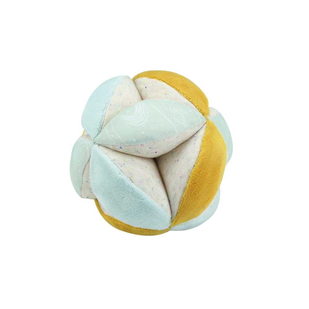 Bola de estimulação em 3 cores: verde-água, amarelo e bege mesclado.