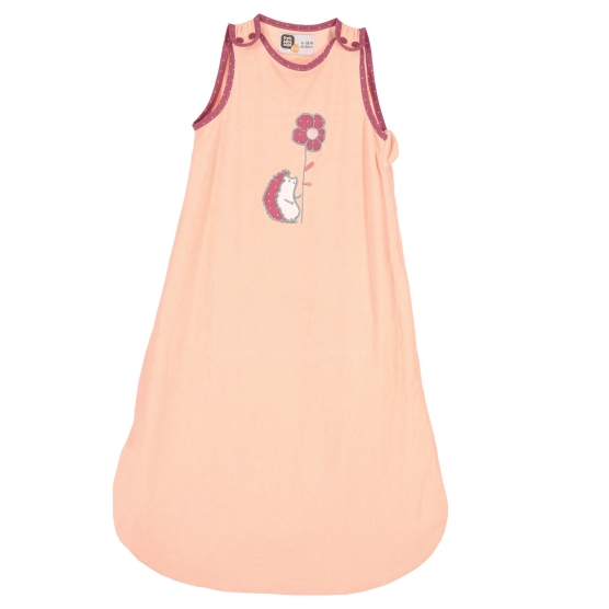baby sleeping bag summer girl salmon pink and eggplant with hedgehog on white background