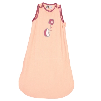 baby sleeping bag summer girl salmon pink and eggplant with hedgehog on white background