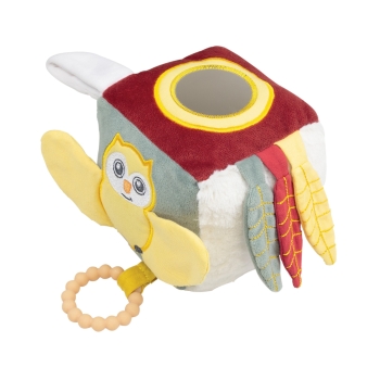 Cubo de actividades con un pequeño búho en relieve y un pequeño espejo en la parte superior Cubo de actividades con un pequeño búho en relieve y un pequeño espejo en la parte superior