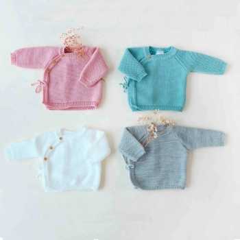 Baby cardigan in garter stitch old rose, sage green, white and gray