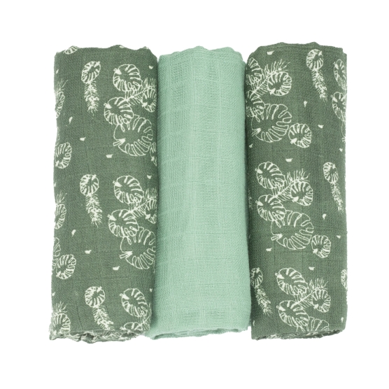 Product photo of forest green swaddles with leaves and sage design
