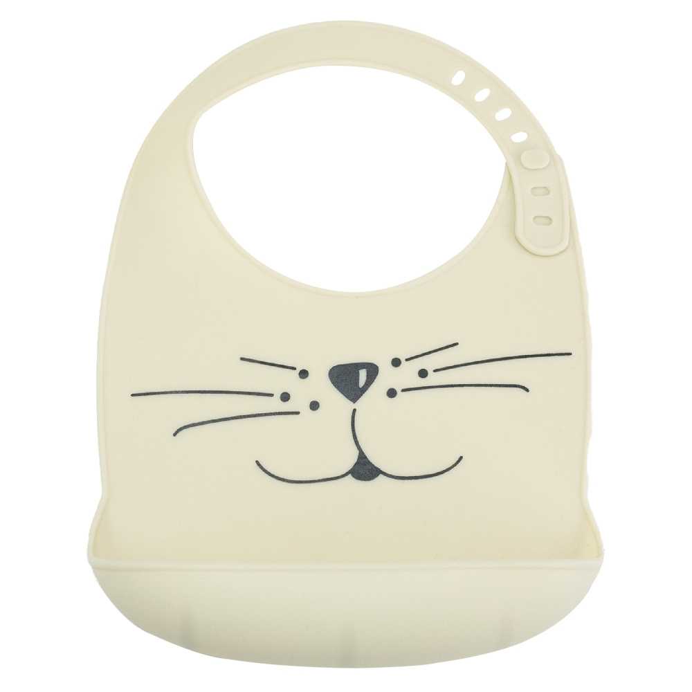 Babete de silicone cor de areia com os bigodes de um gatinho
