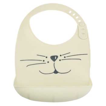 Babete de silicone cor de areia com os bigodes de um gatinho