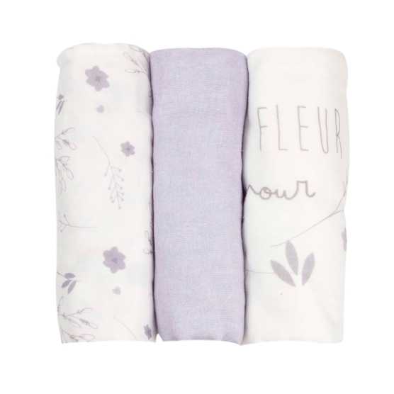 Conjunto de 3 fraldas de pano 70*70cm lilás e branco