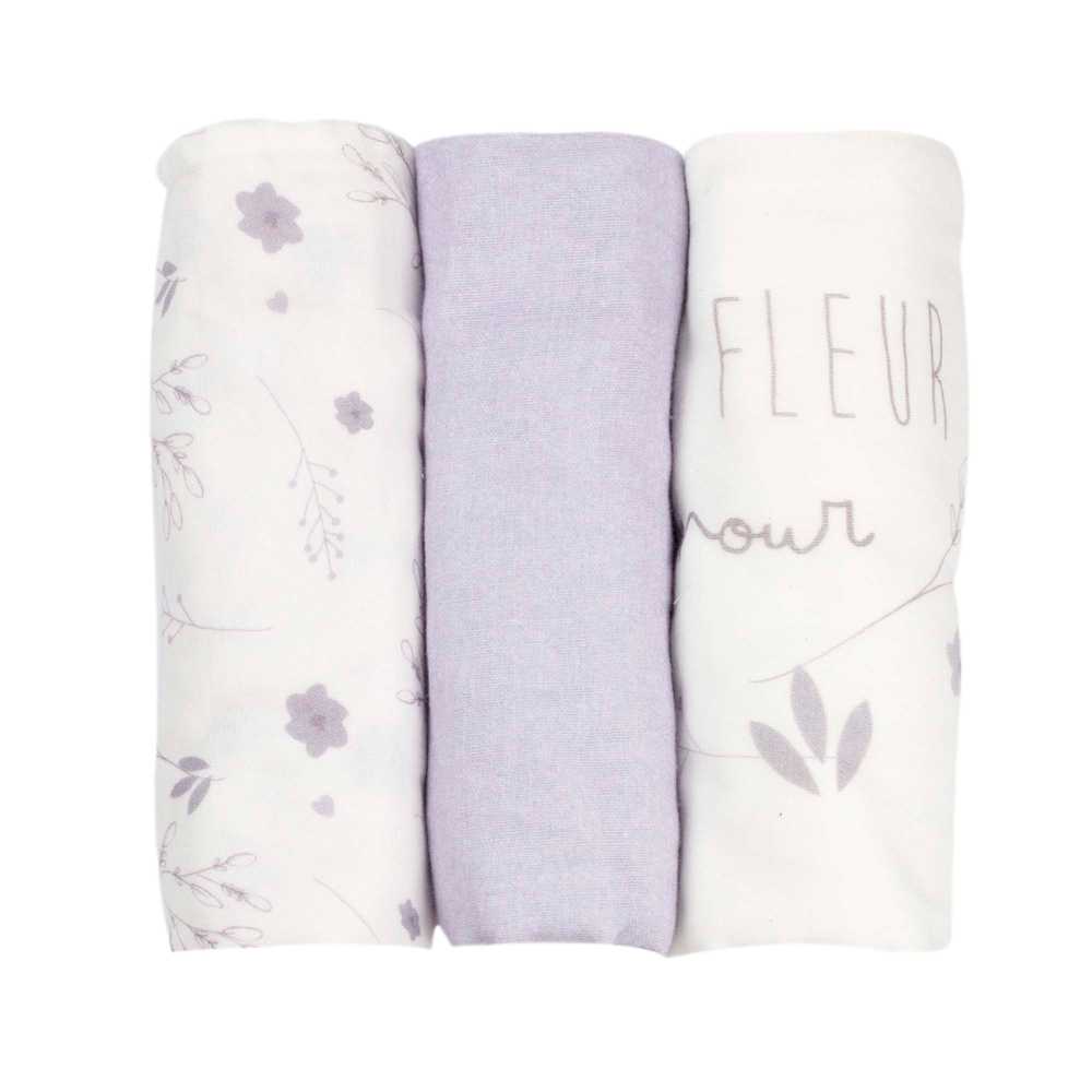 Conjunto de 3 fraldas de pano 70*70cm lilás e branco Conjunto de 3 fraldas de pano 70*70cm lilás e branco