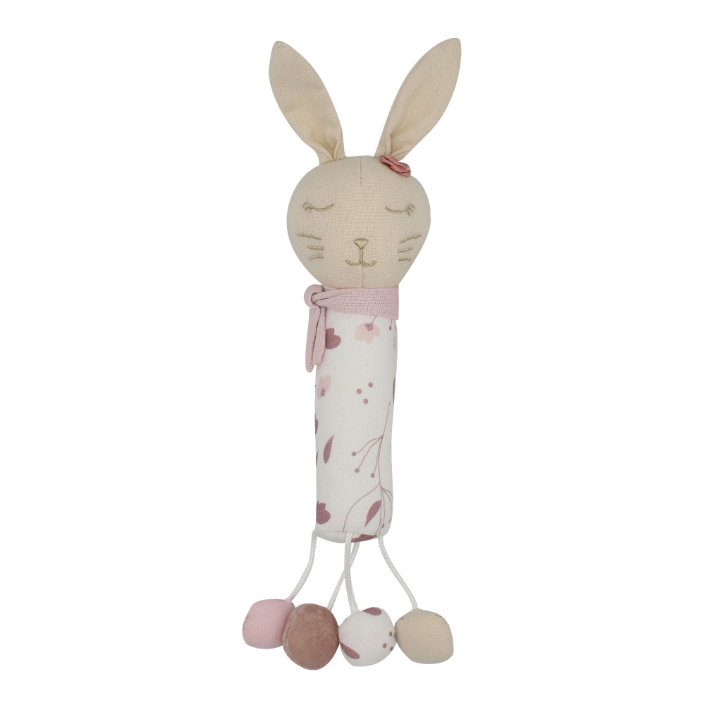 Hochet musical petit lapin avec 4 petits pompons tout doux dessous