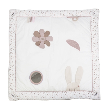 Tapis d'éveil vue de dessus avec la fleur d'activité, le miroir, l'anneau de dentition Tapis d'éveil vue de dessus avec la fleur d'activité, le miroir, l'anneau de dentition