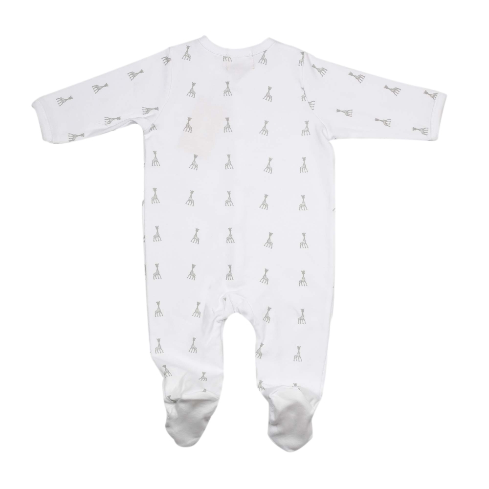 Pijama branco de recém-nascido com motivos Sophie la girafe, visto de costas Pijama branco de recém-nascido com motivos Sophie la girafe, visto de costas