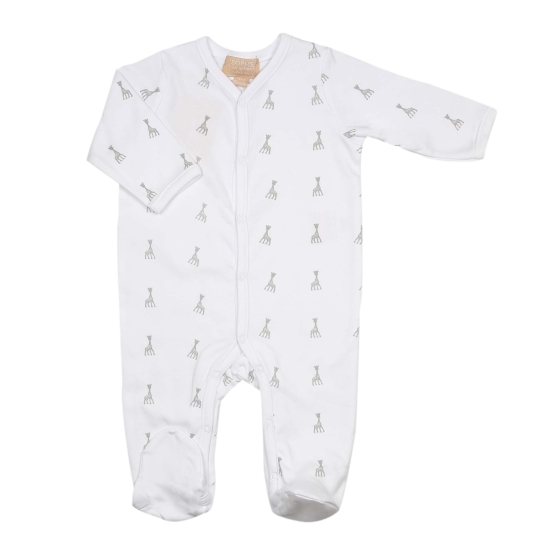 Pijama de recém-nascido branco com motivos da Sophie la girafe, vista de frente